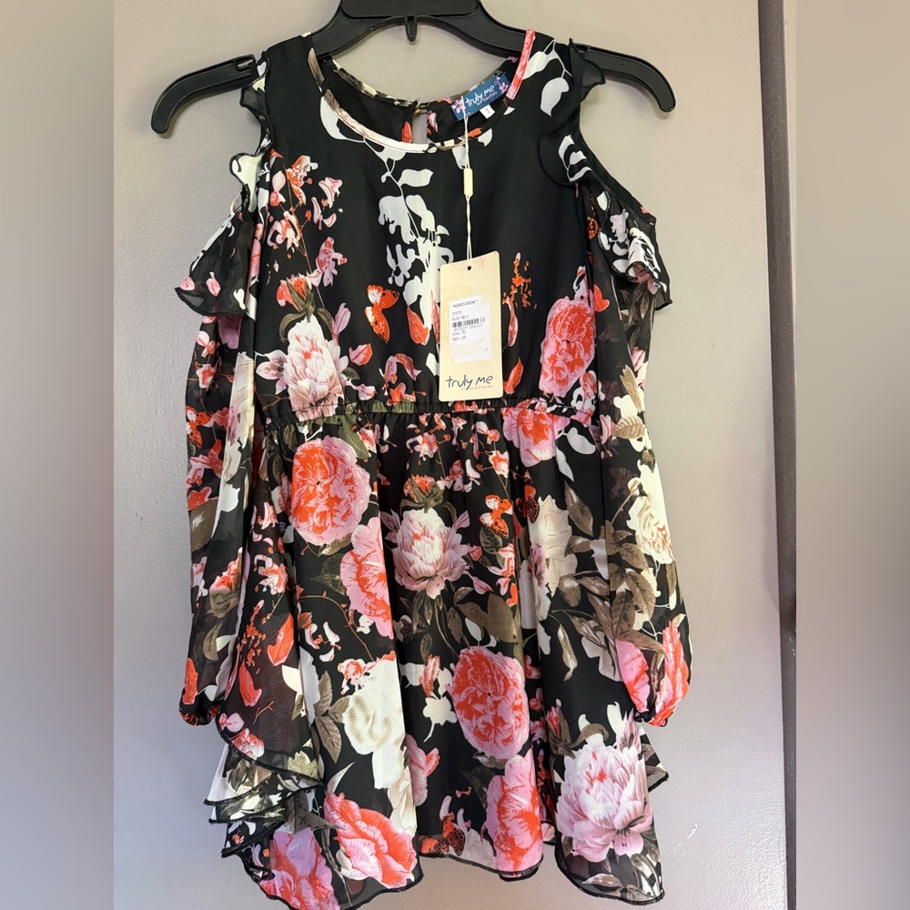 Truly Me Black Cold-Shoulder Floral Dress with Pink and Coral Roses